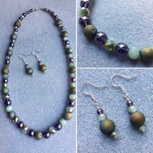 Green Iris Titanium Druzy Quartz Necklace&Earrings